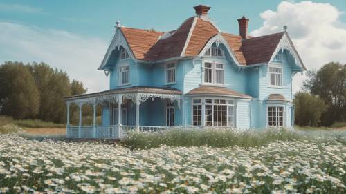 Ein wunderschönes hellblaues Cottage im viktorianischen Stil inmitten eines Gänseblümchenfeldes.