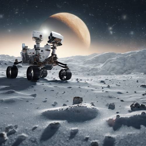 Un rover explorando la superficie de una luna helada.