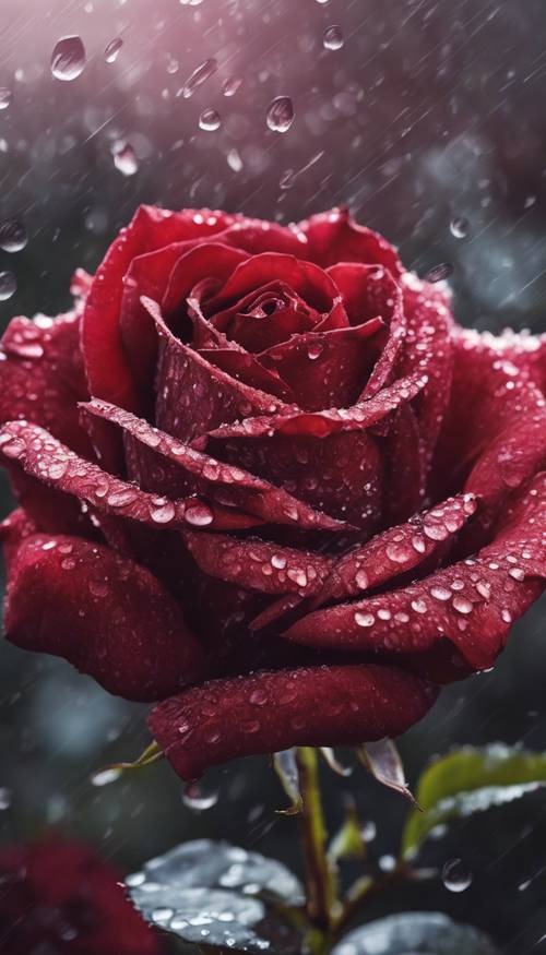 Một bông hồng đỏ thẫm, lấp lánh sương và mới rắc giọt mưa buổi sáng.