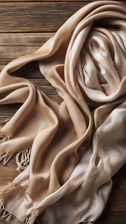 An assortment of luxurious beige silk scarves placed delicely on a rustic wooden table.