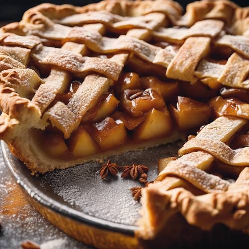 Close up shot of a densely packed apple pie with a perfect lattice crust, dusted with powdered sugar and autumn-themed spices like cinnamon and nutmeg.