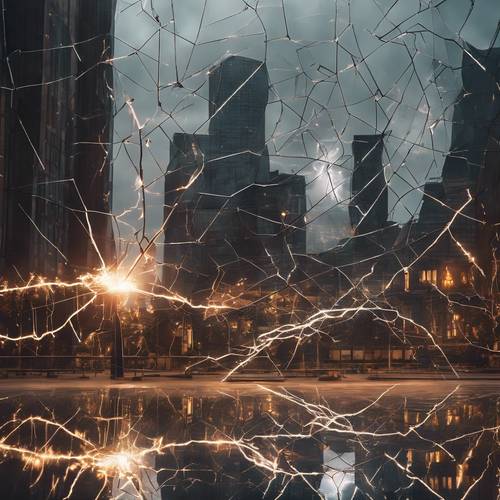 An abstract expression of a lightning strike in a geometric cityscape full of glass and metal structures. The lightning casts beautiful reflections.