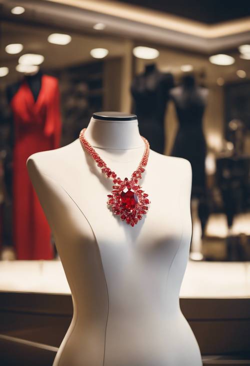 Um colar de diamantes vermelhos em um manequim em uma loja de luxo.
