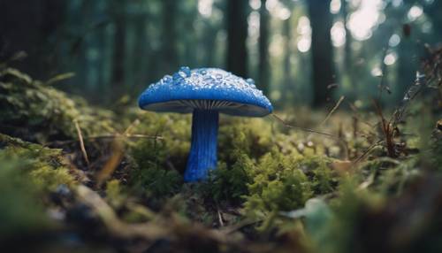 Uma vista em perspectiva de um imponente cogumelo azul emergindo da vegetação rasteira.