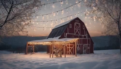 Decorated barn with holiday lights and a shining star on top. Tapeta [19f2920ada684c31ad22]