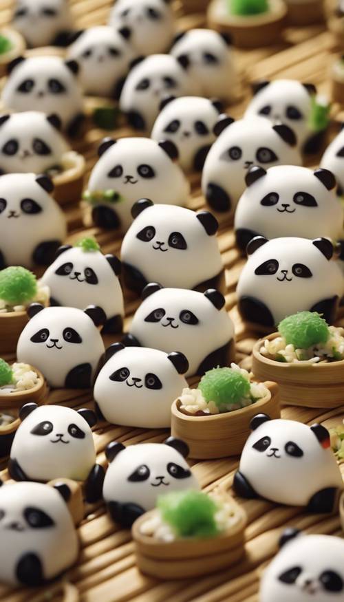 Kawaii-style sushi rolls shaped like little pandas sitting on a bamboo mat.