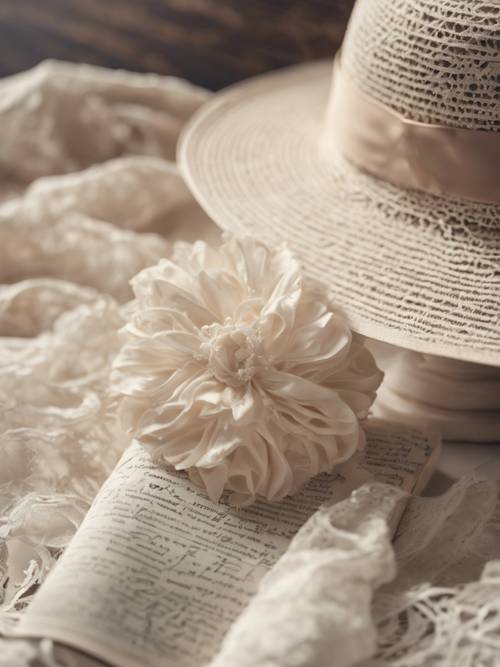 A wide-brimmed hat made of finely textured cream fabric lying beside a vintage book and white lace gloves.