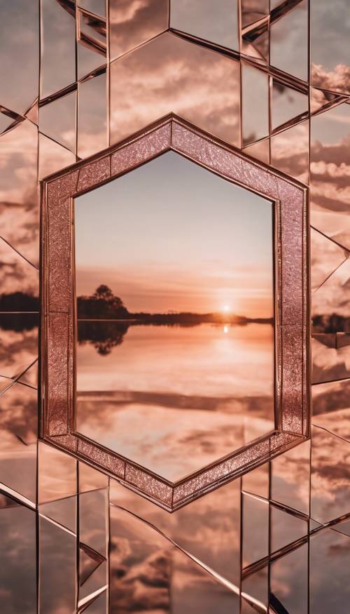 Ein dekorativer geometrischer Spiegel aus Roségold, der die Majestät eines Sonnenaufgangs widerspiegelt.