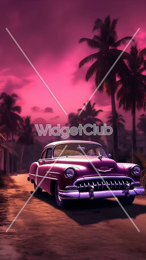 Pink Sky and Vintage Car Scene