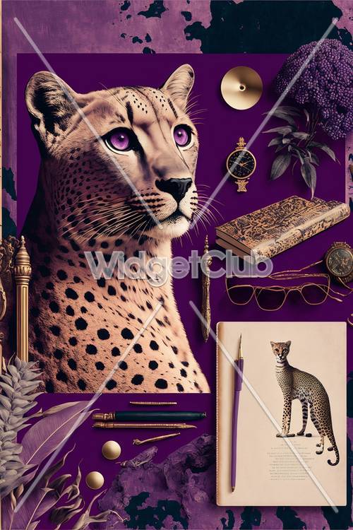 Arte de leopardo roxo com objetos vintage