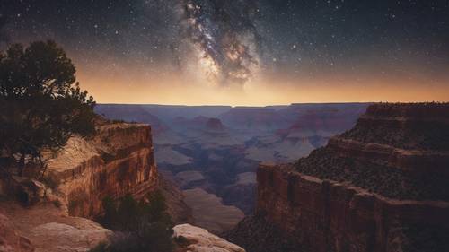 Langit dipenuhi bintang di balik siluet grand canyon.