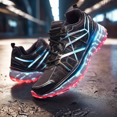 A pair of high-tech running sneakers, integrated with futuristic advancements such as LCD screens and holographic displays.