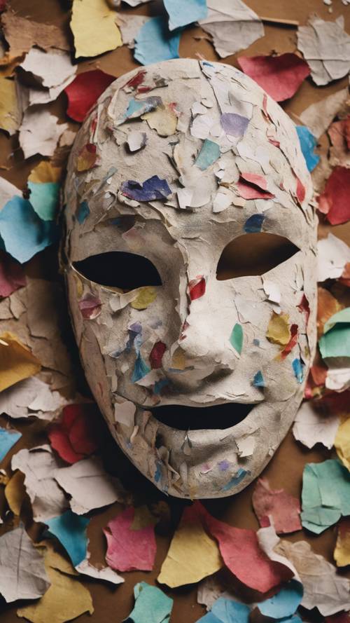 An expressionist paper mache mask tossed aside after a night of celebration.