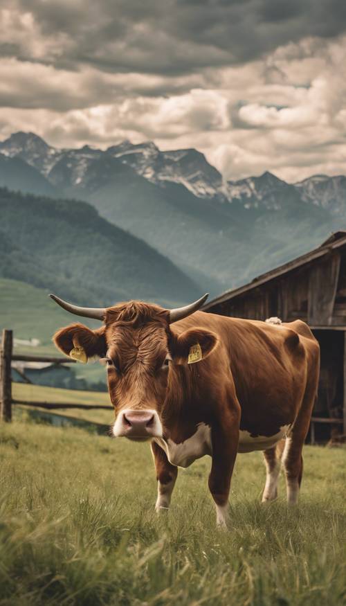 Una vaca marrón dormida con un granero y una pintoresca cordillera al fondo.