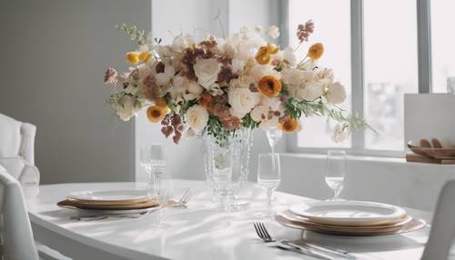 Un centrotavola floreale contemporaneo su un tavolo da pranzo bianco frizzante apparecchiato per il brunch.
