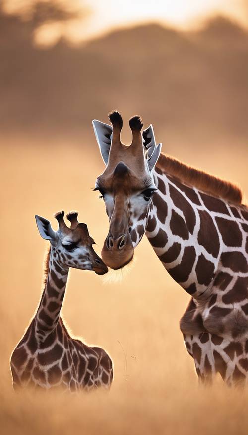 Uma mãe girafa grávida lambendo ternamente a sua girafa recém-nascida, banhada pela luz do amanhecer nas planícies africanas.