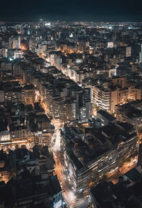 נוף פנורמי של עיר סואנת בלילה.