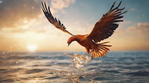 一隻正在吃的鳳凰，在一望無際、波光粼粼的大海上高空飛翔，捕食魚。