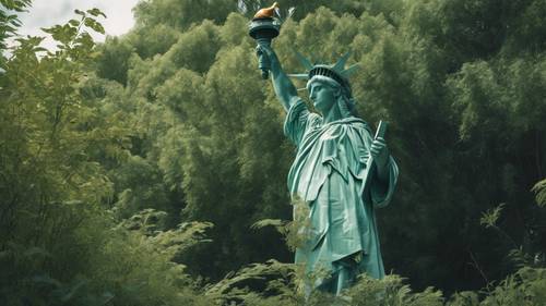 Dystopian interpretation of the Statue of Liberty, with overgrown vegetation reclaiming the structure.