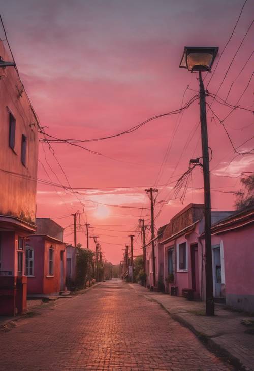 日出前夕，柔和的紅色天空籠罩著一座安靜的小鎮。
