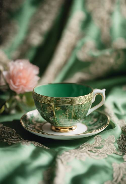 Chinesische Teetasse mit detailliertem Design, auf grünem Seidenstoff sitzend.