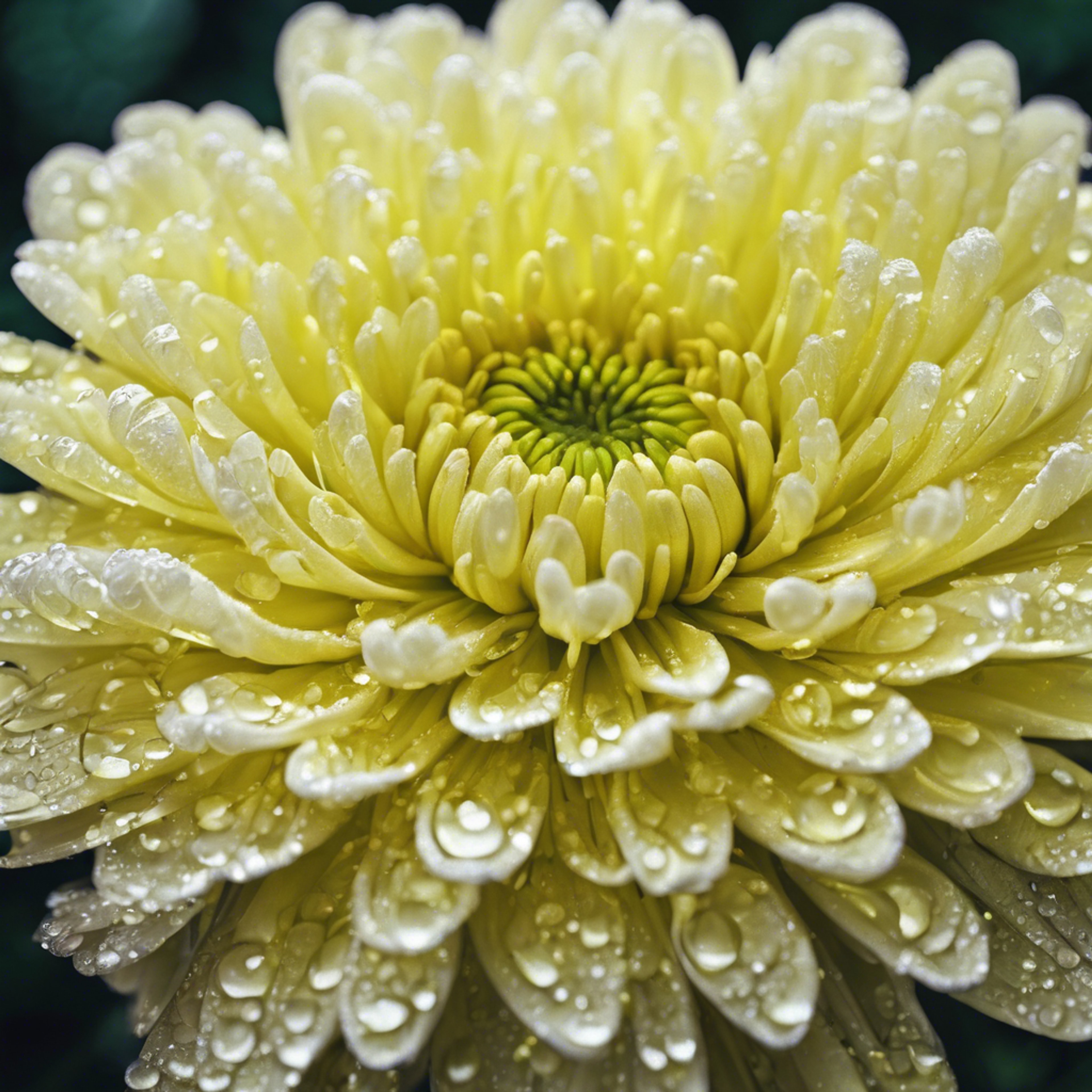 Close up of a neon yellow chrysanthemum with morning dew drops. Wallpaper[0dbc614e1ec6416aa903]