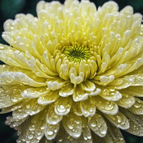 Close up of a neon yellow chrysanthemum with morning dew drops.