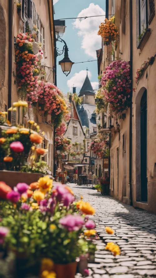 A narrow cobblestone street in Europe, lined with cafés and shops that are adorned with hanging colourful spring flowers.