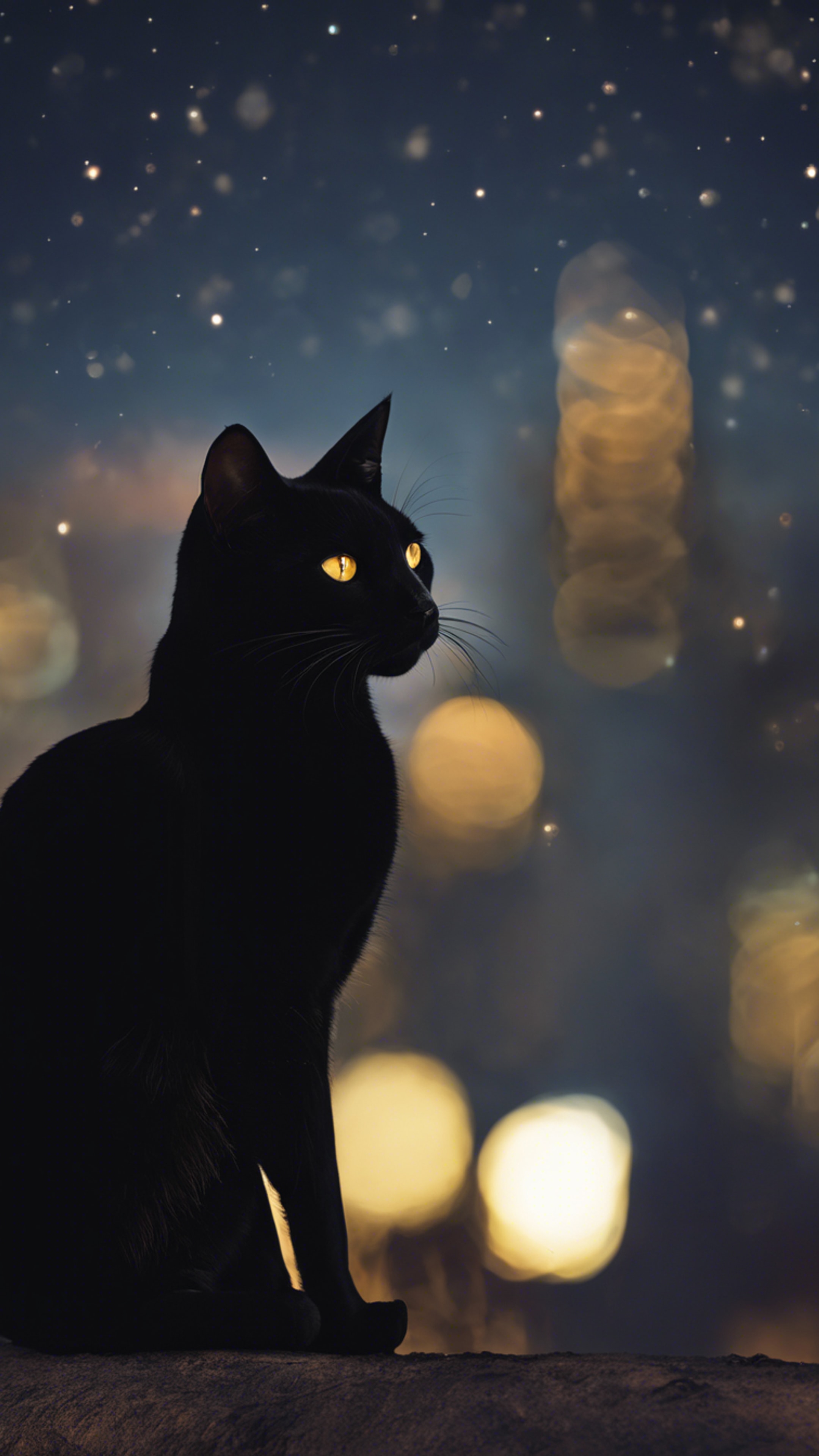 A Bombay cat blending into the night sky, only its faint silhouette and gleaming yellow eyes visible. Wallpaper[8e715ef55e7e4610816a]