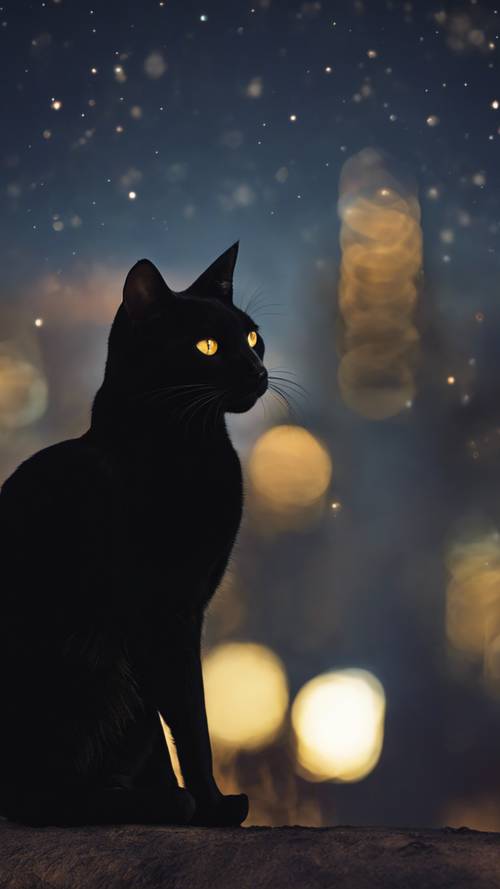 A Bombay cat blending into the night sky, only its faint silhouette and gleaming yellow eyes visible.