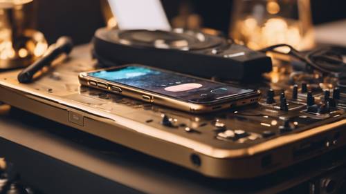 A gold iPhone 11 Pro Max placed on a trendy DJ setup table