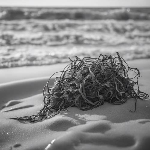 A monochrome picture of tangled seaweed washed ashore on a sandy beach, wave foams kissing its edges, the ocean a moody backdrop.