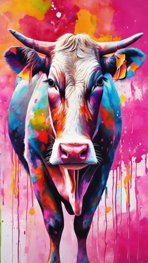 Uma pintura abstrata de uma vaca com toques de rosa e outras cores brilhantes.