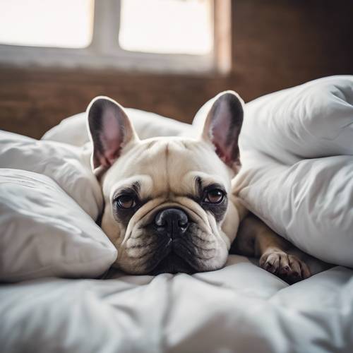一只年轻的法国斗牛犬躺在一张特大号床上的一堆舒适的枕头里，陷入了深度睡眠。