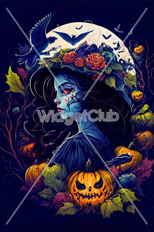 Spooky Halloween Scene with Pumpkins and Ghostly Girl