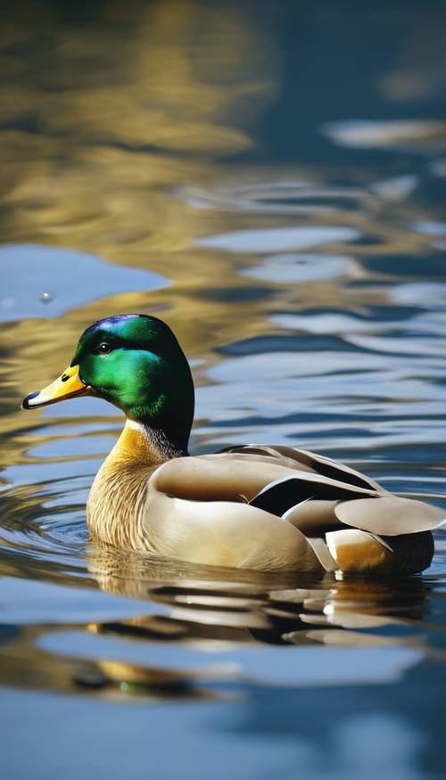 一只黄色的绿头鸭在湛蓝的湖水中畅游，它彩虹般的羽毛反射着阳光。