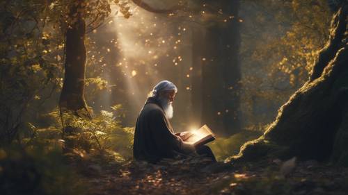 Uno studioso raggiante di illuminazione mentre legge un libro magico in una foresta mistica.