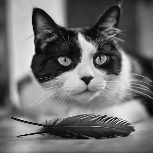 장난스러운 미소를 지으며 웅크리고 깃털 장난감을 덮칠 준비가 된 흑백 고양이.
