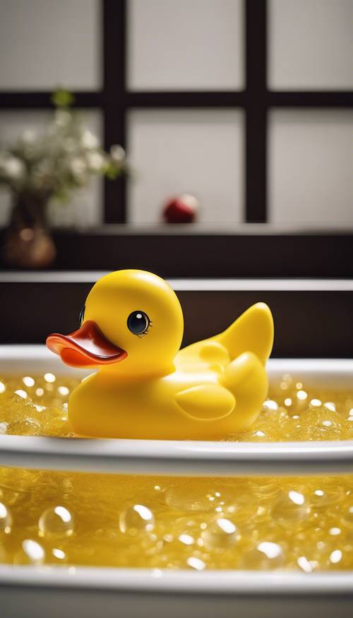 一只亮黄色的橡皮鸭漂浮在充满泡泡的浴缸里。