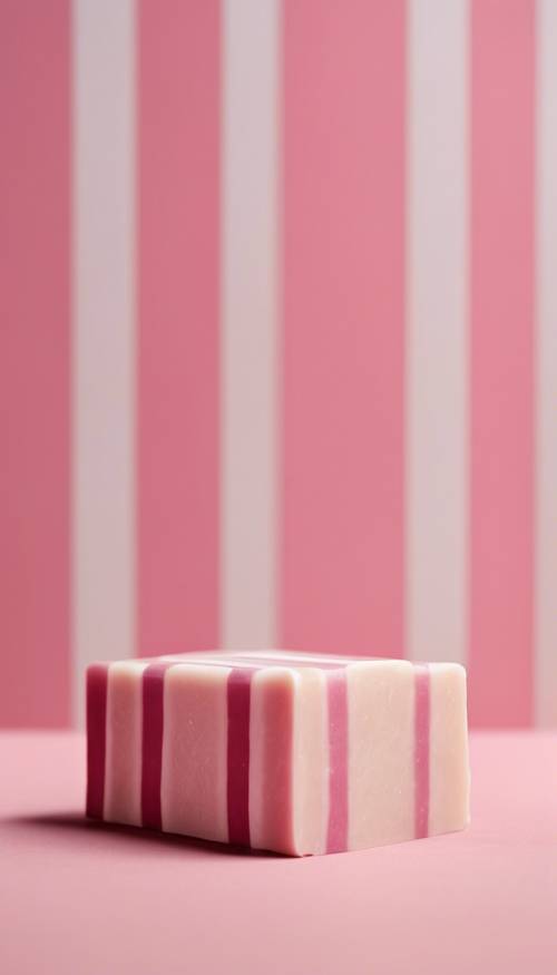 A concept of minimalism: a bar of soap with pink and white stripes on a plain background.