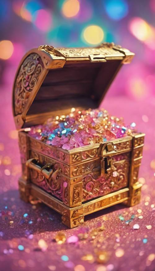 A golden treasure chest at the end of a pink, shimmery rainbow.