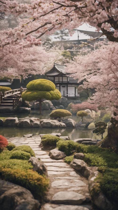 Un jardin japonais traditionnel pendant la saison des cerisiers en fleurs.