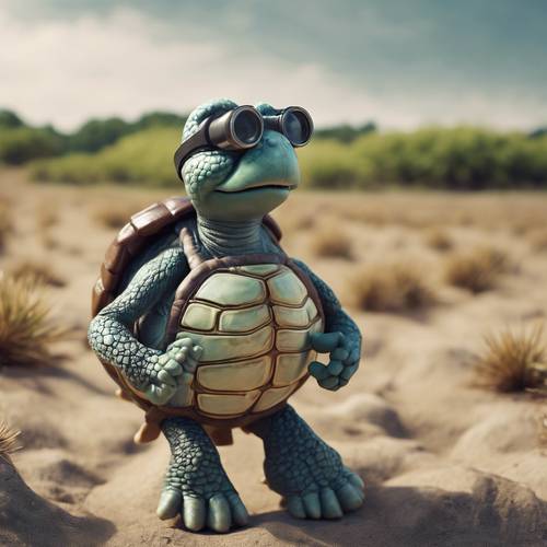 Eine adrett aussehende Schildkröte auf einem Ausflug, mit einer Karte und einem Fernglas dabei.