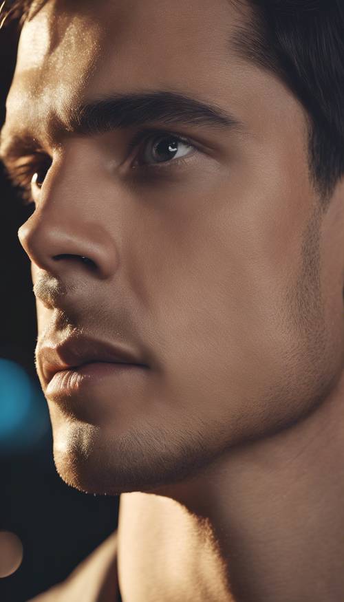 A profile view of a handsome young man, highlighting a captivating cool-toned hazel eye under soft lighting.