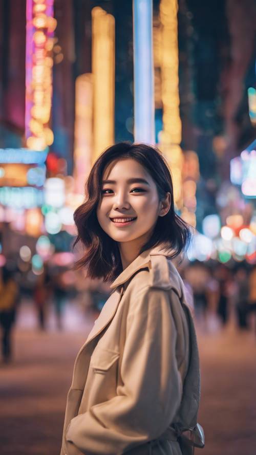 환하게 웃고 있는 귀여운 한국 모델의 멋진 이미지, 그녀의 눈은 네온 도시의 불빛 아래서 반짝입니다.