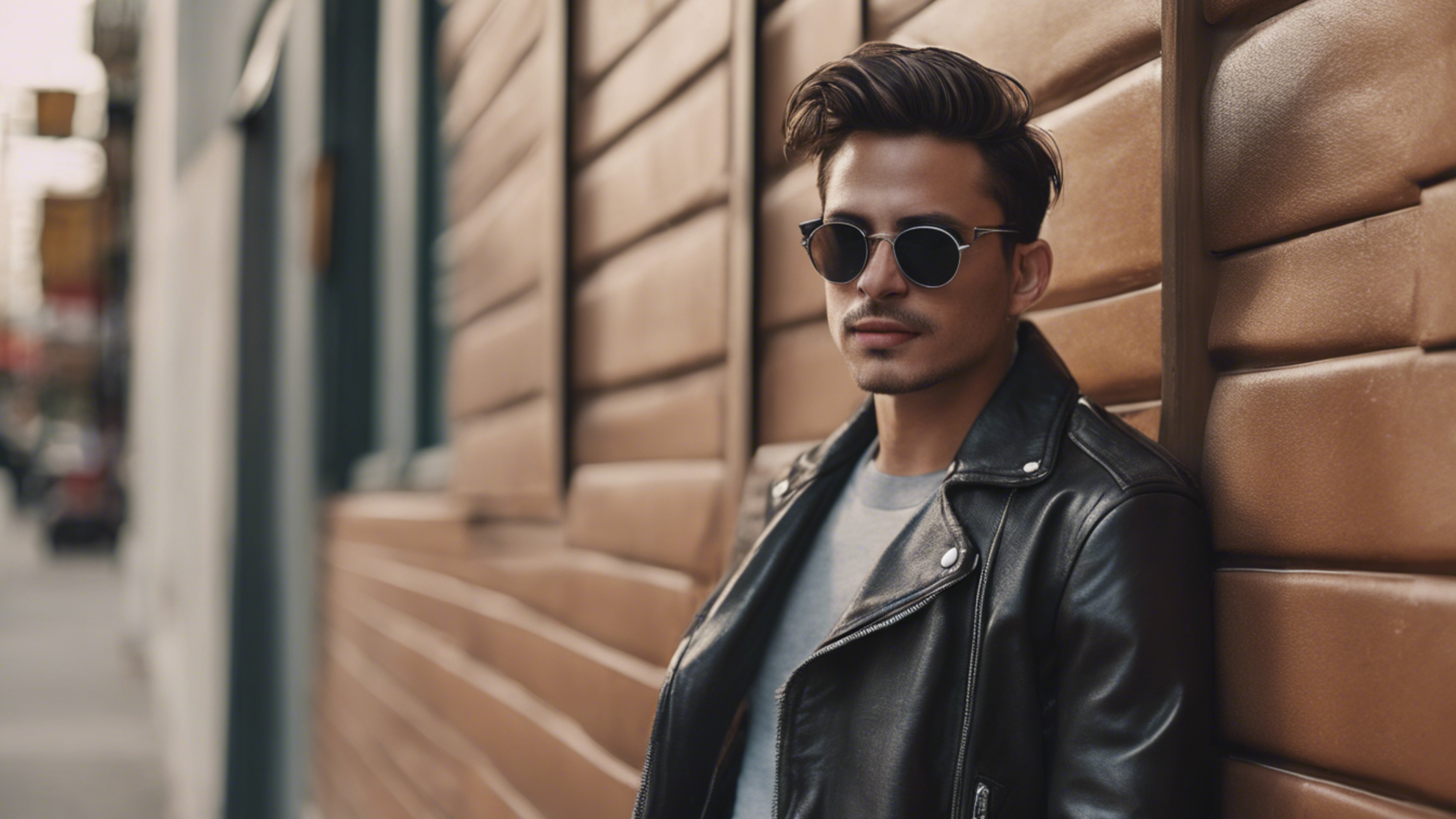 A young man wearing a leather jacket and sunglasses leaning against a minimalist coffee shop's exterior wall. Wallpaper[2f0ecb688ec44a4caf14]