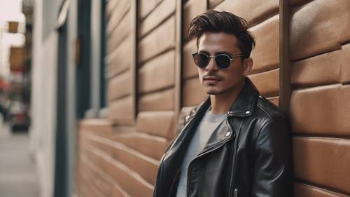A young man wearing a leather jacket and sunglasses leaning against a minimalist coffee shop's exterior wall.