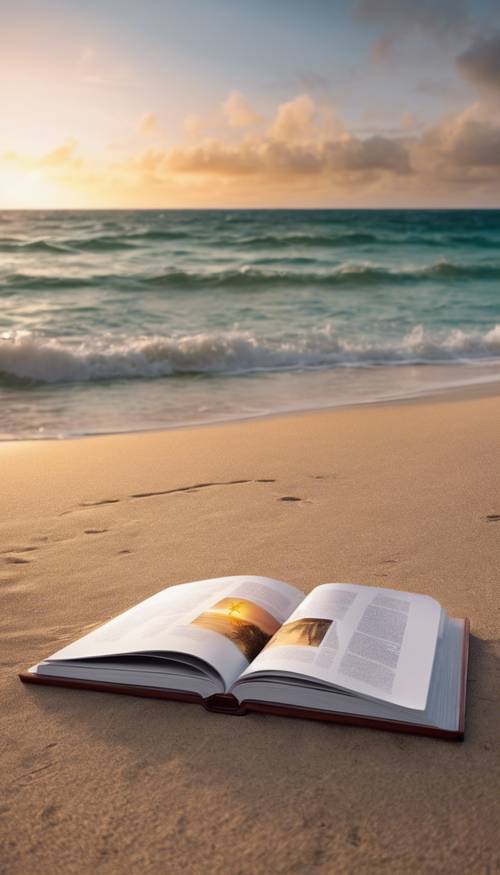 An oversized coffee table book opened to a full-spread image of a tropical beach at sunset.
