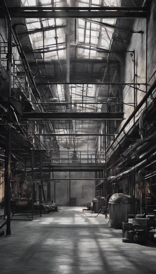 Czarno-szary industrialny loft z wysokimi sufitami i odsłoniętymi rurami.