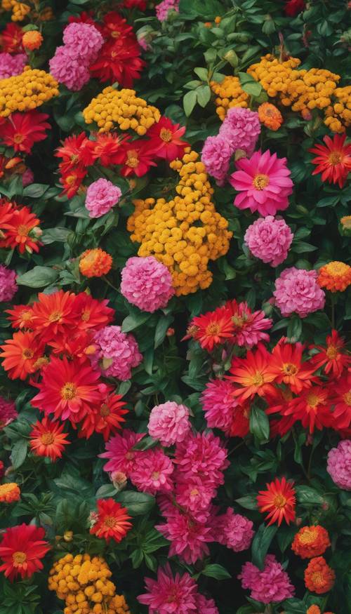 充满活力的墨西哥花卉图案填满整个画布，郁郁葱葱的绿叶中点缀着鲜红色、粉色和黄色的花朵。